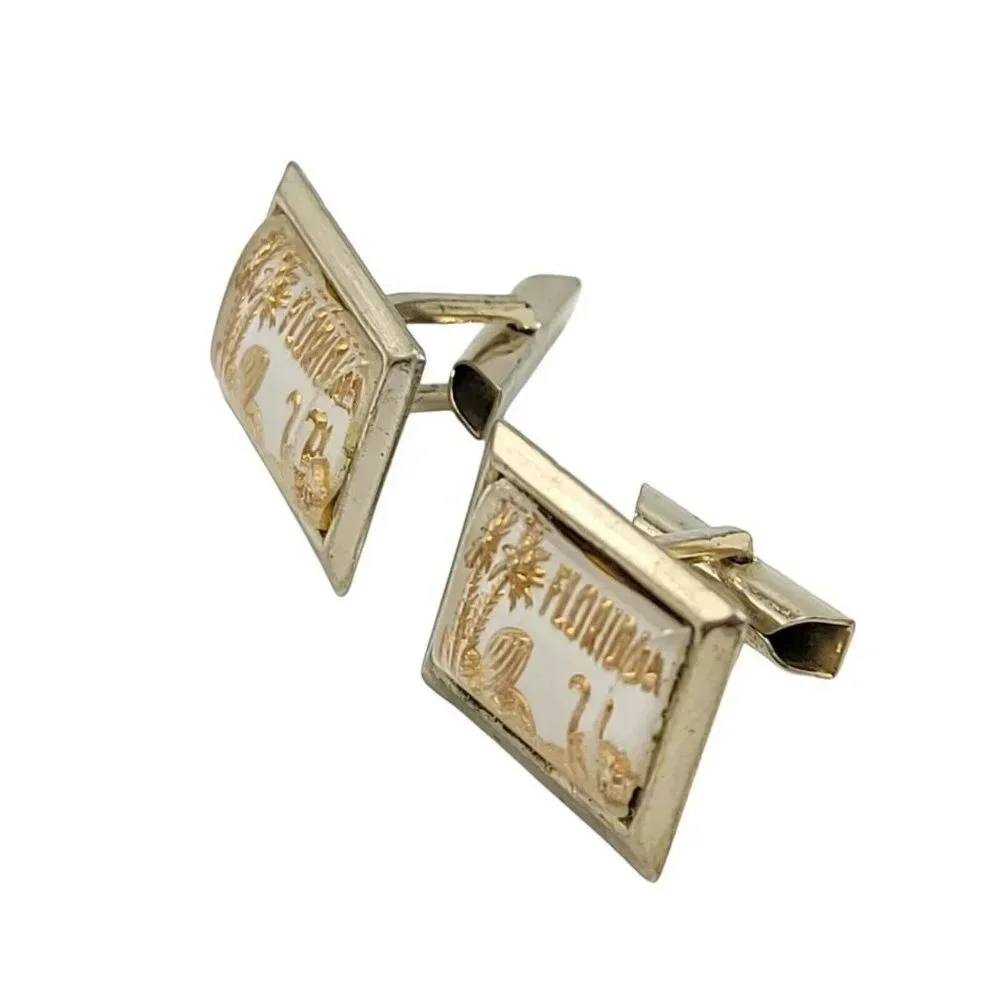 Florida Cufflinks State Lucite Plastic Cover Gift Souvenir MCM Gold Tone Vintage